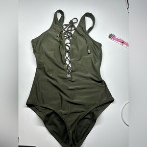 Olive Green Lace-Up Monokini One Piece Swimsuit